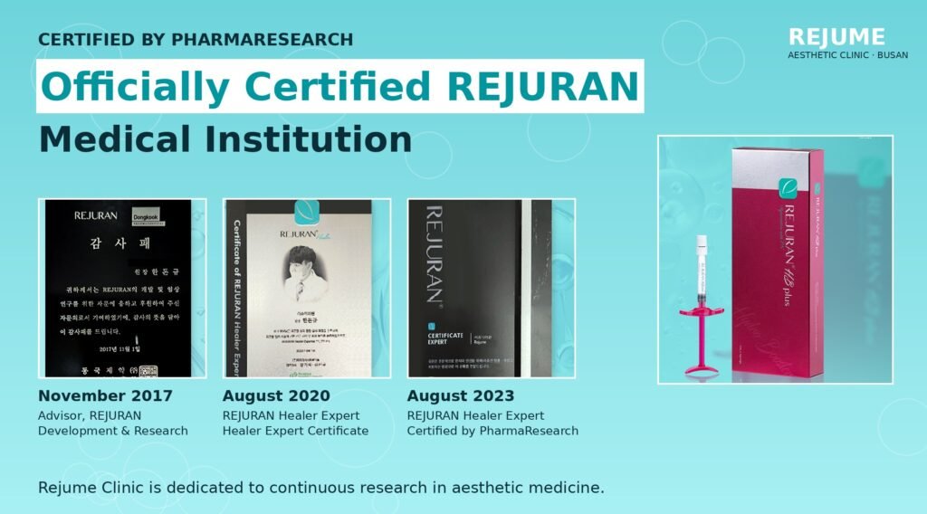 Rejume Clinic officially certified Rejuran medical institution by PharmaResearch - advisor plaque 2017, Healer Expert certificates 2020 and 2023
